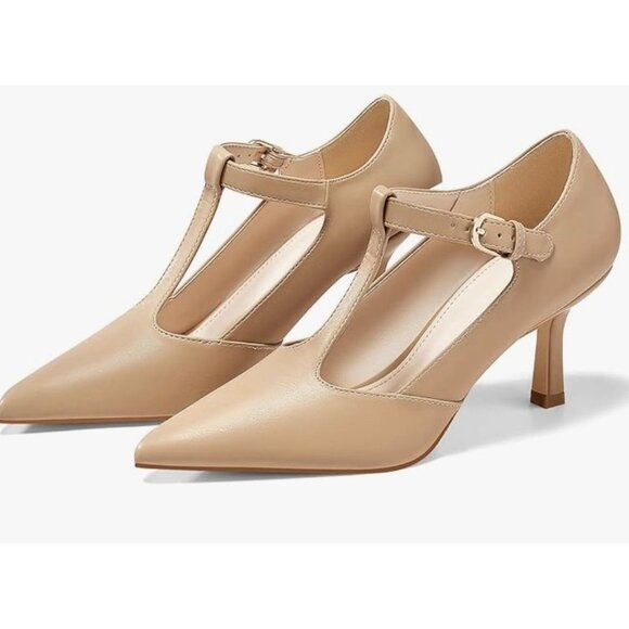 COUTGO Womens Mary Jane High Heels T Strap Closed Pointed Toe Pumps Buckle Work - Picture 1 of 10